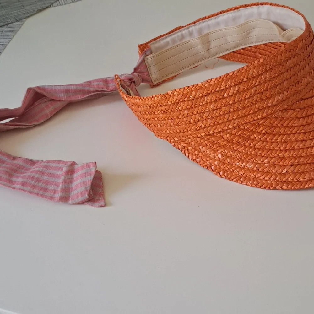 BCBGENERATION WOMEN'S Coral 100% Wheat Staw Visor Sun Hat with Ribbkn Tie